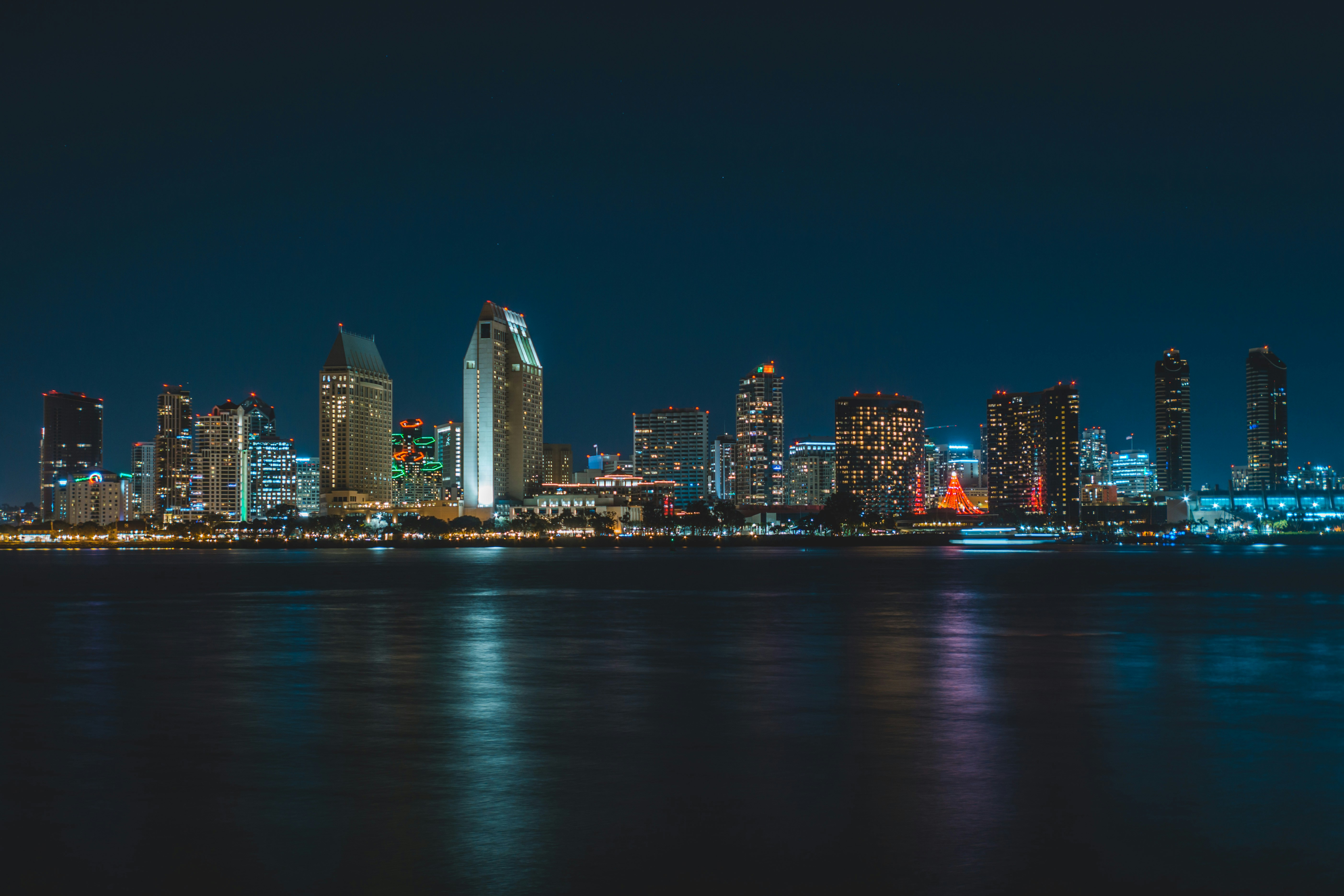 San Diego downtown skyline at night from the harbor